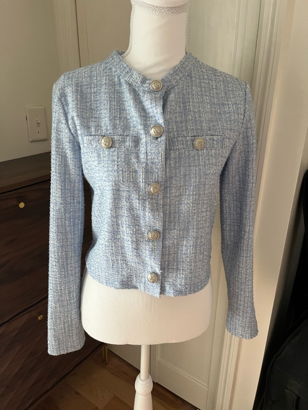 H&M Cropped Tweed Blazer Jacket Light Blue Silver Button Women Small
